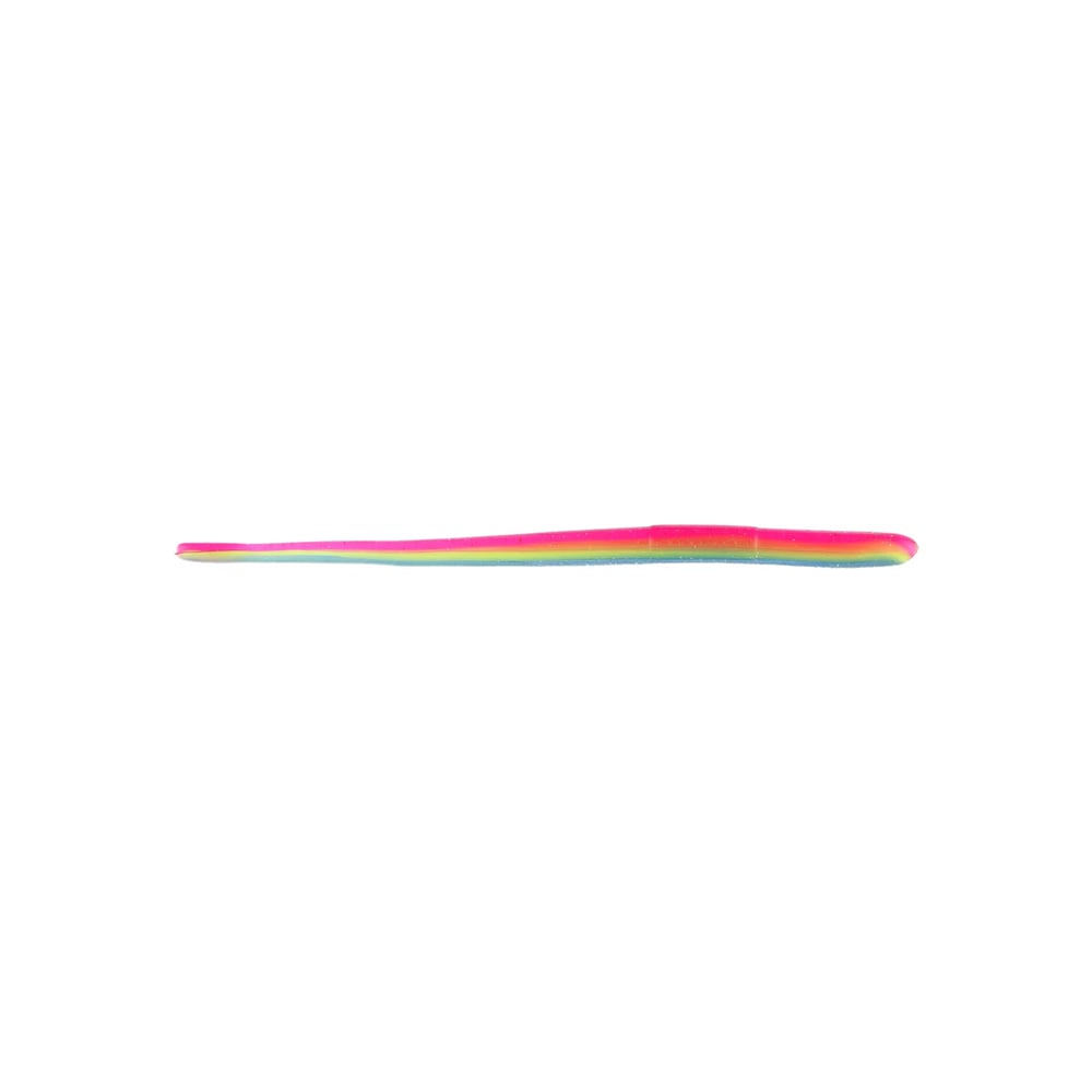 The Roboworm Straight Tail Worms by Roboworm feature a dynamic tri-color design in neon pink, yellow, and green. Its elongated and smooth form tapers towards the end, all showcased on a plain white backdrop.