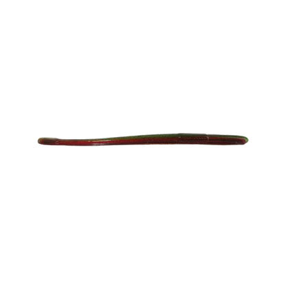 The image showcases a slender, elongated fishing lure that resembles the Roboworm Straight Tail Worms from Roboworm. It features a triple color pour with shades of brown and green, offering a smooth texture and a tapered end. The lure incorporates a salt release system to enhance its performance.