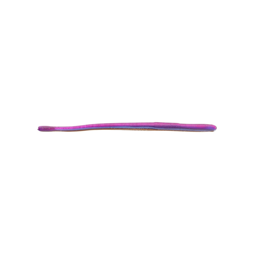 A purple and pink Roboworm Straight Tail Worm on a plain white background, showcasing a simple yet colorful product crafted with precision akin to triple color pours.