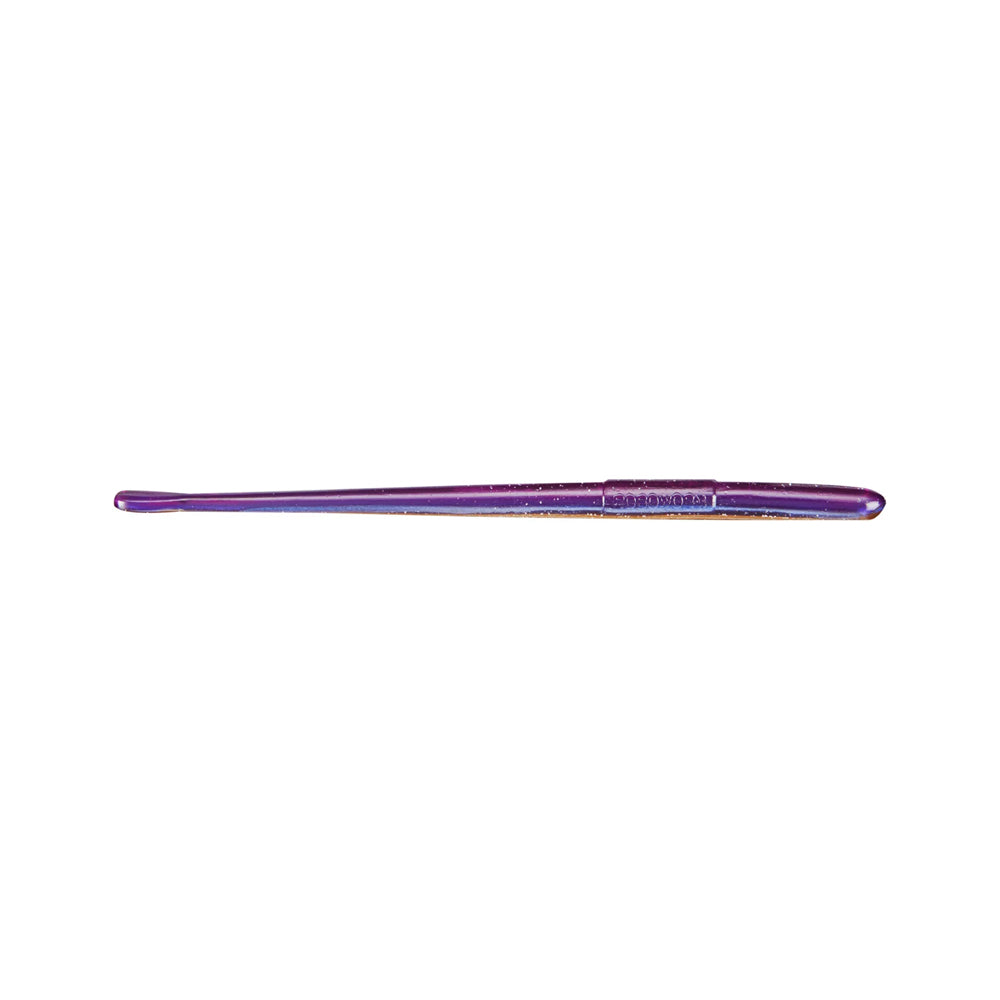 A crochet hook featuring a purple ergonomic handle and engraved measurements, reminiscent of the sleek design of Roboworm Straight Tail Worms by Roboworm, is set against a plain white background.