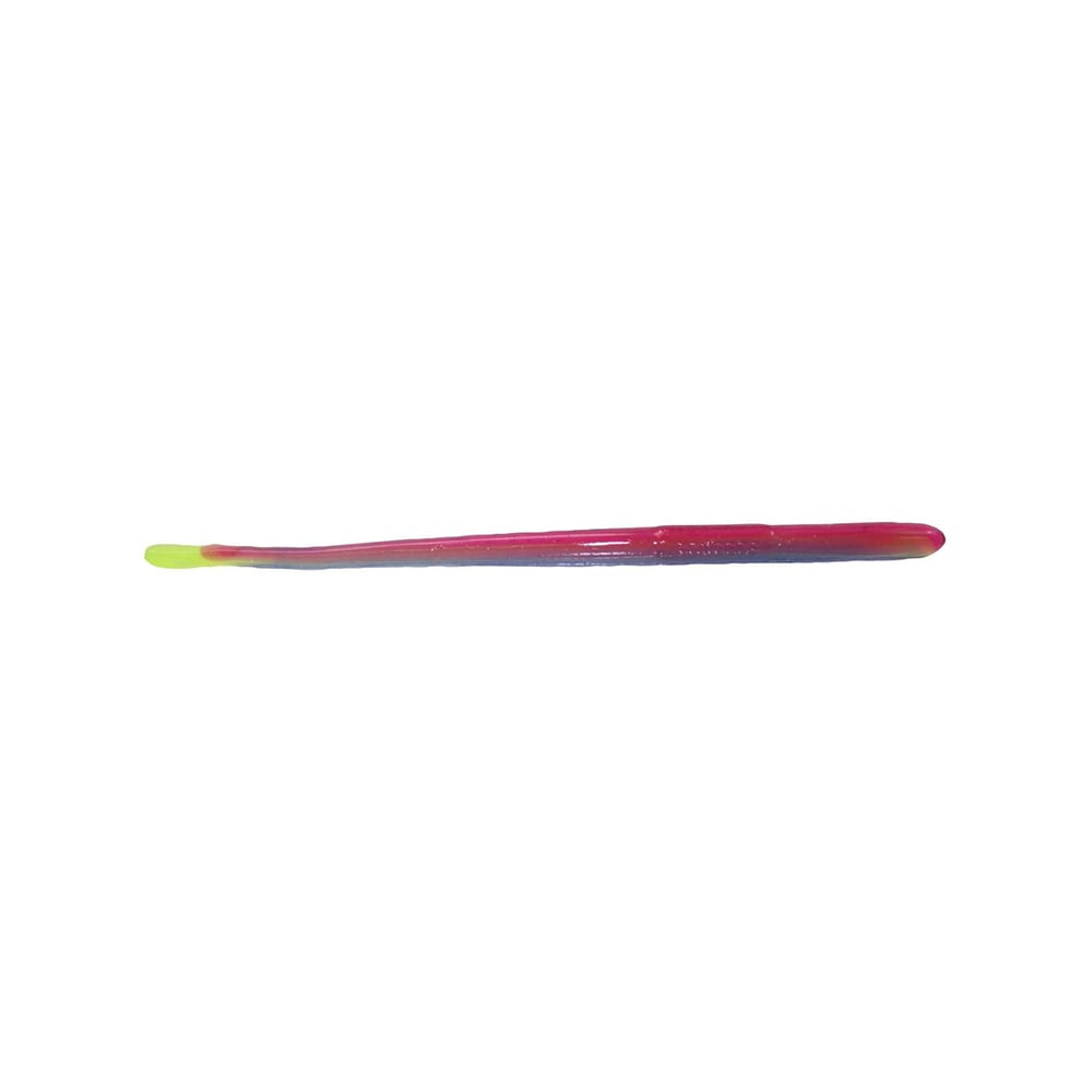 Introducing the Roboworm Straight Tail Worms by Roboworm: This lure boasts a vibrant, slender design that mirrors the classic shape of straight tail worms. It features a bold front in bright green, seamlessly transitioning to pink and culminating in dark purple at the rear. With its smooth texture and elegantly tapered shape, it incorporates an innovative salt release system that enhances its effectiveness for fishing.