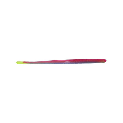 Roboworm's Straight Tail Worms boast a sleek, colorful design with triple color pours that create a vibrant gradient from lime green at the tip to pink and blue along its length. Crafted to attract fish, these worms feature a smooth texture and streamlined shape.