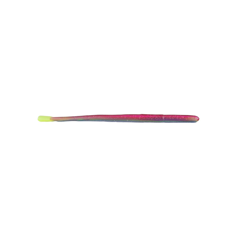 A vibrant Roboworm Straight Tail Worm, crafted by Roboworm, features a long, slender body with triple color pours that transition smoothly from yellow to pink to blue. The lure ends with a rounded tip and its surface has a slightly textured appearance. It is displayed alone on a white background.