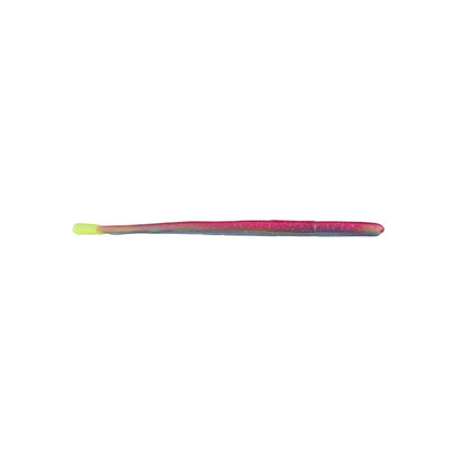 A vibrant Roboworm Straight Tail Worm, crafted by Roboworm, features a long, slender body with triple color pours that transition smoothly from yellow to pink to blue. The lure ends with a rounded tip and its surface has a slightly textured appearance. It is displayed alone on a white background.