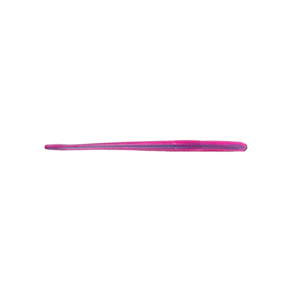 A lone, slender, and elongated pink Roboworm Straight Tail Worm from the brand Roboworm is placed horizontally against a white background, displaying a surface that appears smooth and glossy.