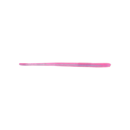 A long, thin, pink object reminiscent of Roboworm's Straight Tail Worms is set against a plain white background, showcasing its distinctive design and the innovative salt release system it features.