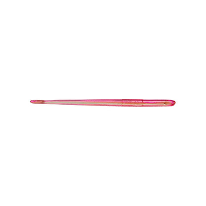 A pink crochet hook with a metallic finish, featuring a hook at one end and a smooth handle similar to the sleek design of Roboworm straight tail worms by Roboworm, is crafted for crocheting yarn into patterns or fabrics. It is set against a white background.