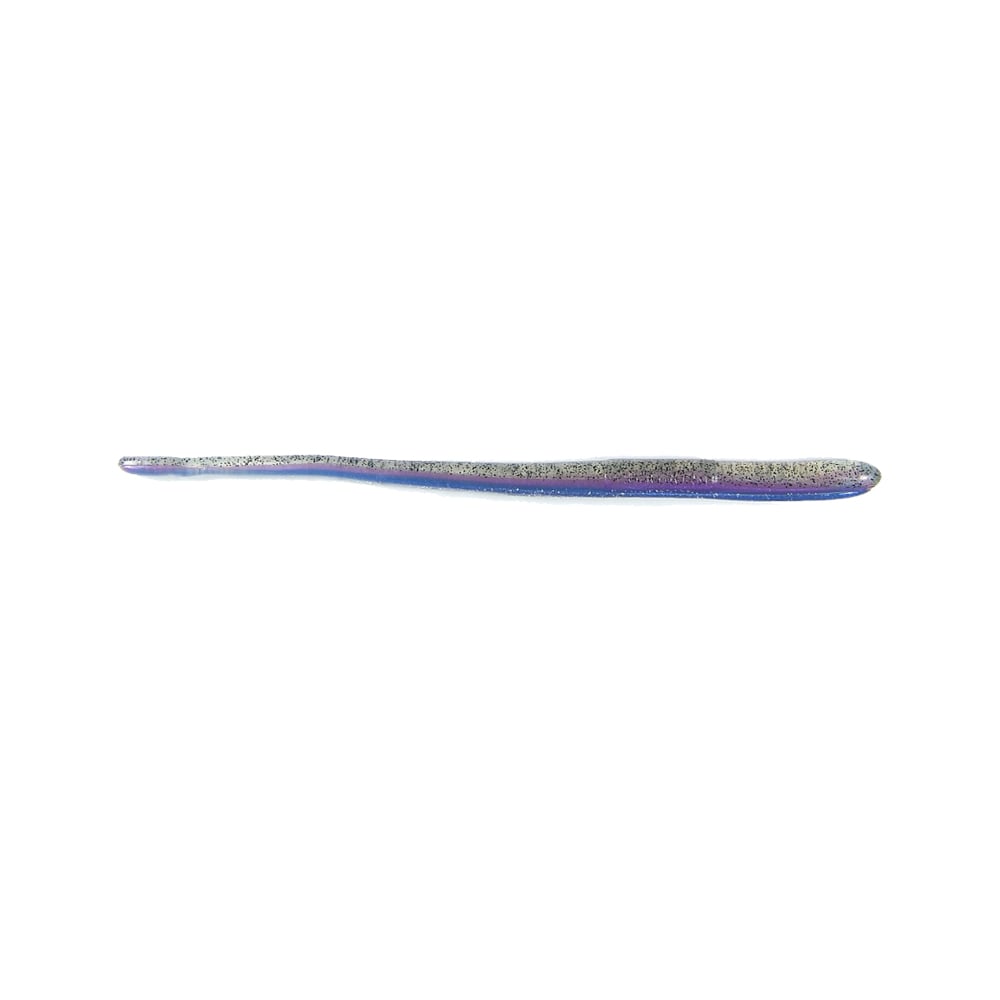 The Roboworm Straight Tail Worms, crafted by Roboworm, feature a long and slender design with an iridescent finish. Showcasing a shimmering mix of blue and purple hues achieved through triple color pours, they glisten beautifully against a plain white background.