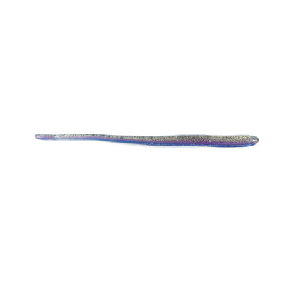 The Roboworm Straight Tail Worms, crafted by Roboworm, feature a long and slender design with an iridescent finish. Showcasing a shimmering mix of blue and purple hues achieved through triple color pours, they glisten beautifully against a plain white background.