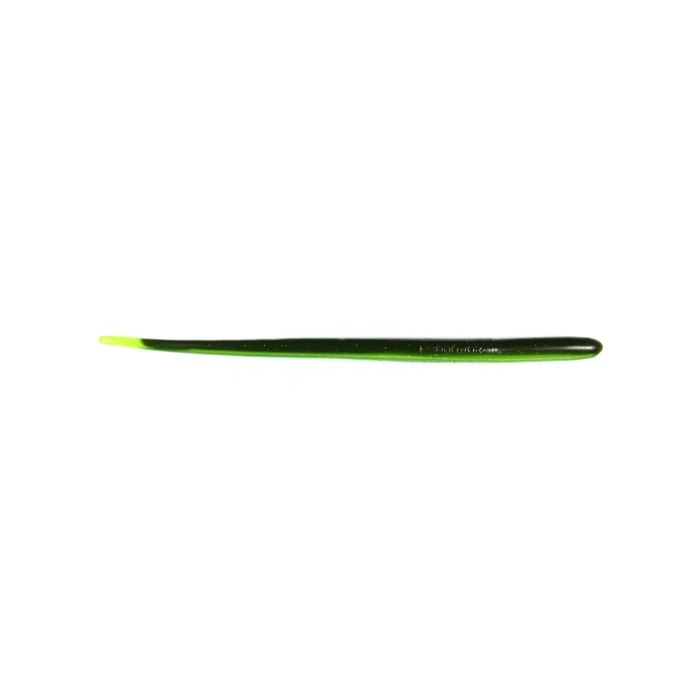 A solitary, slender green fishing lure featuring a vibrant yellow tip set against a plain white background, echoing the design creativity found in Roboworm Straight Tail Worms by Roboworm.