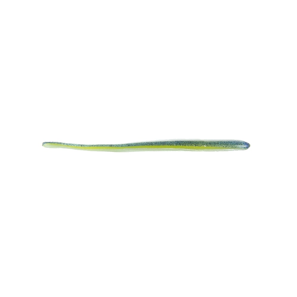 A sleek, elongated fishing lure showcasing Roboworm Straight Tail Worms by Roboworm, featuring triple color pours that transition from green to dark, mimicking the appearance of a worm or baitfish.