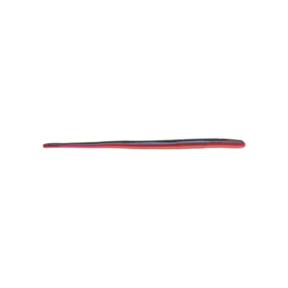 A dynamic, elongated balloon showcasing three colors—red, blue, and black—lies flat against a white backdrop, echoing the distinctive look of the Roboworm Straight Tail Worms.