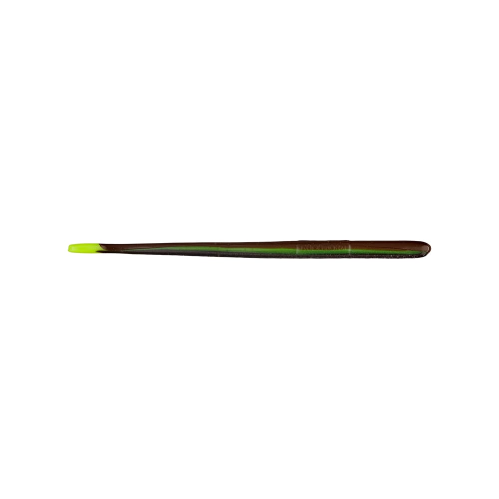 A Roboworm Straight Tail Worms product by Roboworm, featuring a long brown body with a vibrant green tip and resembling tweezers or a precision instrument, is displayed against a plain white background.