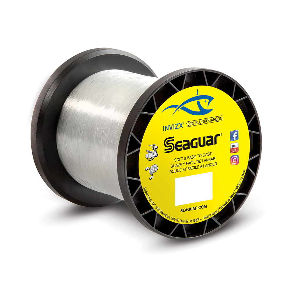 The Seaguar InvizX Fluorocarbon Line, ideal for freshwater fishing, comes with a yellow label adorned with a blue fish logo, highlighting its softness and excellent casting ease.