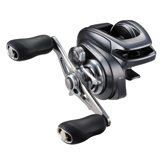 Close-up of an americanlegacyfishing Shimano Bantam 150XGA casting reel in black and silver, featuring dual handles and Infinity Drive technology, highlighting its sleek and modern design.