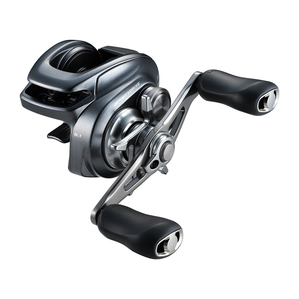 The Shimano Bantam 151XGA Casting Reel by American Legacy Fishing is a contemporary black and silver casting reel that includes two ergonomic handles. It boasts a sleek and compact design, enhanced with Infinity Drive technology for smooth performance.