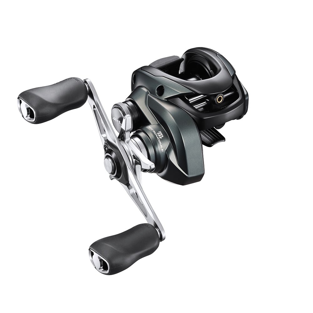 The Shimano Curado MGL 150 Casting Reel 7.4:1 Right Hand (CUMGL150HG) from americanlegacyfishing features dual handles in a sleek, modern design. It boasts a metallic MagnumLite spool and handle, complemented by a black rubber grip for added comfort. The reel is displayed against a plain white background.