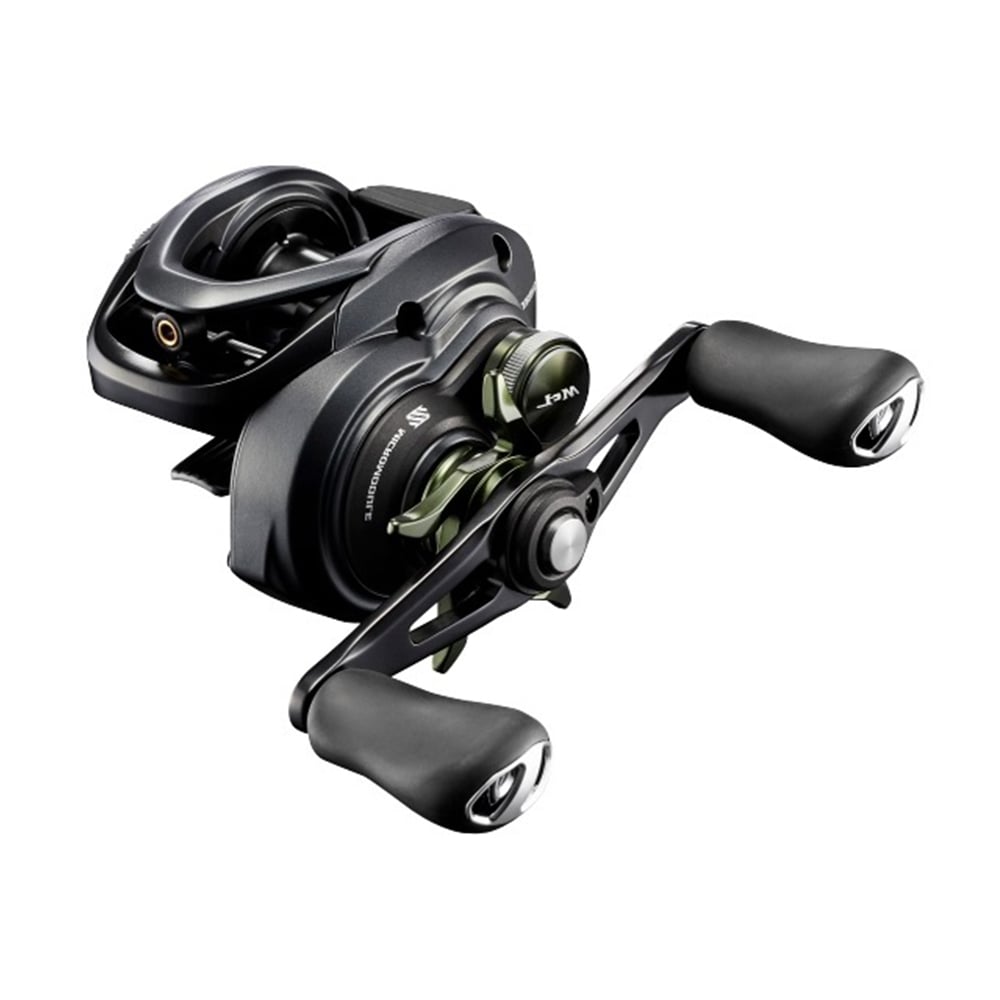 The Shimano Curado MGL 71XG 8.1:1 Left Hand Casting Reel, offered by americanlegacyfishing, is a sophisticated black and gray casting reel featuring dual handles and smooth contours. This low-profile model includes precision knobs and a compact design, displayed against a plain white background.