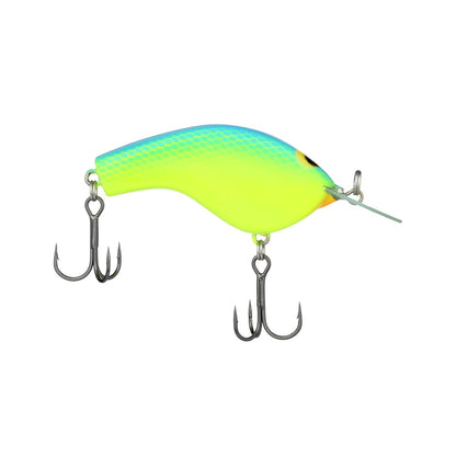 The Shimano Macbeth Flat Crankbait by Shimano is a neon-colored fishing lure featuring two treble hooks and a curved body, displaying a gradient of blue and yellow with an orange spot near the pointed end.