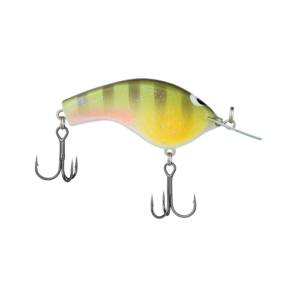 The Shimano Macbeth Flat Crankbait mimics a small fish with green and yellow stripes and is equipped with two treble hooks. It features a glossy finish, a small metal loop for attachment, and utilizes JET BOOST technology to improve casting performance.