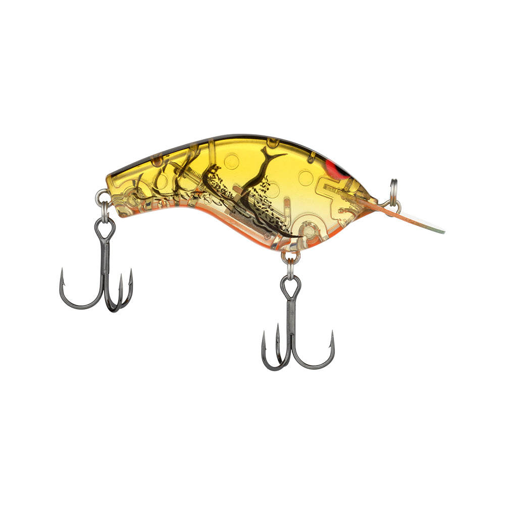 The Shimano Macbeth Flat Crankbait, crafted by Shimano, is a vibrant fishing lure with a translucent yellow body accented by internal metal components and equipped with two treble hooks beneath. Its Circuit Board Round Bill delivers casting precision, elevating your fishing experience.