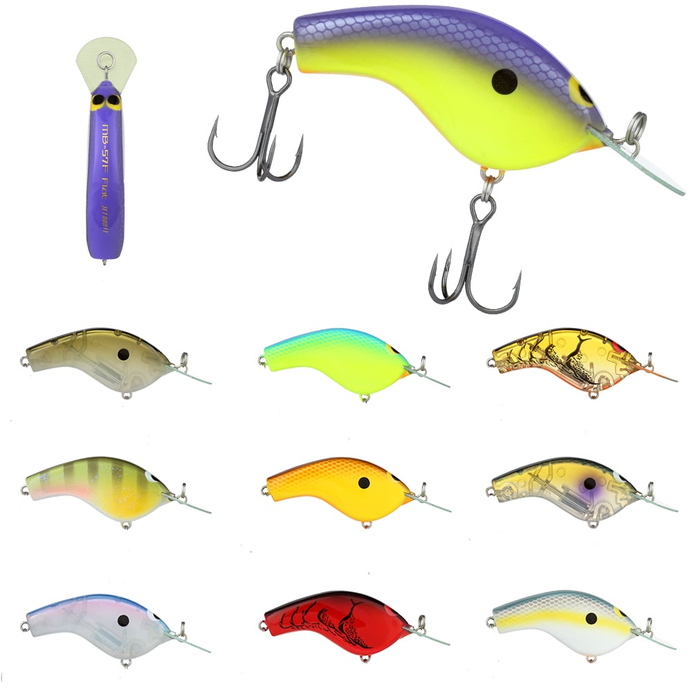 A set of ten vibrant fishing lures, featuring the Shimano Macbeth Flat Crankbait by Shimano, comes in an assortment of shapes and designs. These lures showcase vivid colors such as yellow, green, red, blue, and orange. All lures are fitted with hooks and displayed in a grid pattern against a white background.