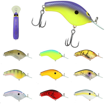 A set of ten vibrant fishing lures, featuring the Shimano Macbeth Flat Crankbait by Shimano, comes in an assortment of shapes and designs. These lures showcase vivid colors such as yellow, green, red, blue, and orange. All lures are fitted with hooks and displayed in a grid pattern against a white background.