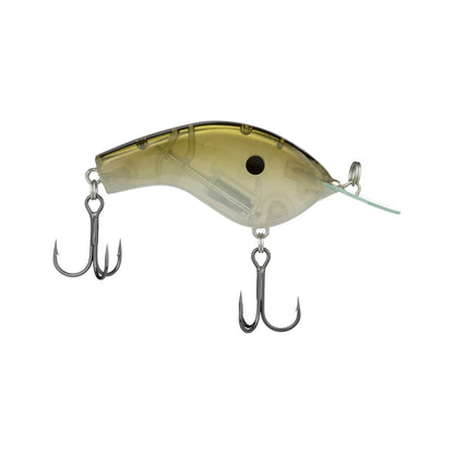 A transparent fishing lure with a greenish tint, shaped like a small fish and similar to the Shimano Macbeth Flat Crankbait. It includes two silver treble hooks underneath, a black dot near the top, and features a Circuit Board Round Bill at the front.