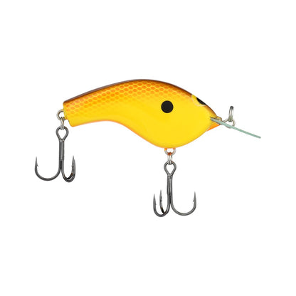 The Shimano Macbeth Flat Crankbait by Shimano features a vibrant yellow and orange design, expertly crafted in the shape of a small fish, and is equipped with dual treble hooks to effectively attract bites.