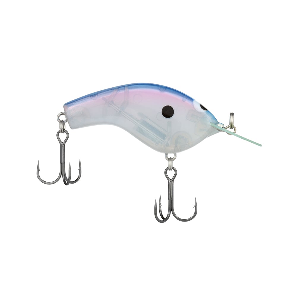 This fishing lure, with a transparent design that resembles a small fish, combines blue and pink shades. It showcases the Shimano Macbeth Flat Crankbait design by Shimano, featuring two treble hooks positioned at the bottom and tail, along with a front loop for easy attachment. It's ideal for JET BOOST casting performance.