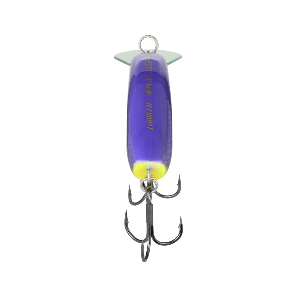 Introducing the Shimano Macbeth Flat Crankbait, an attractive purple and yellow lure with a metallic finish designed for optimal fishing performance. This crankbait features a single treble hook at the bottom, complemented by a Circuit Board Round Bill that enhances its action in the water. Additionally, it includes a small metal attachment loop at the top, making it an ideal addition to any angler's tackle box.