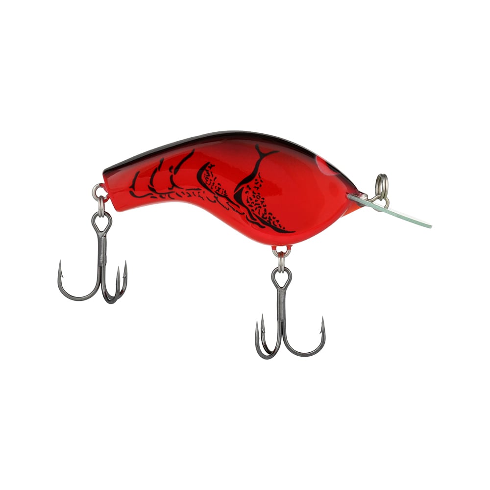 The Shimano Macbeth Flat Crankbait, by Shimano, is a red fishing lure equipped with JET BOOST technology. It features two treble hooks and a curved body with black scale-like detailing on top, making it an exceptional choice for anglers.