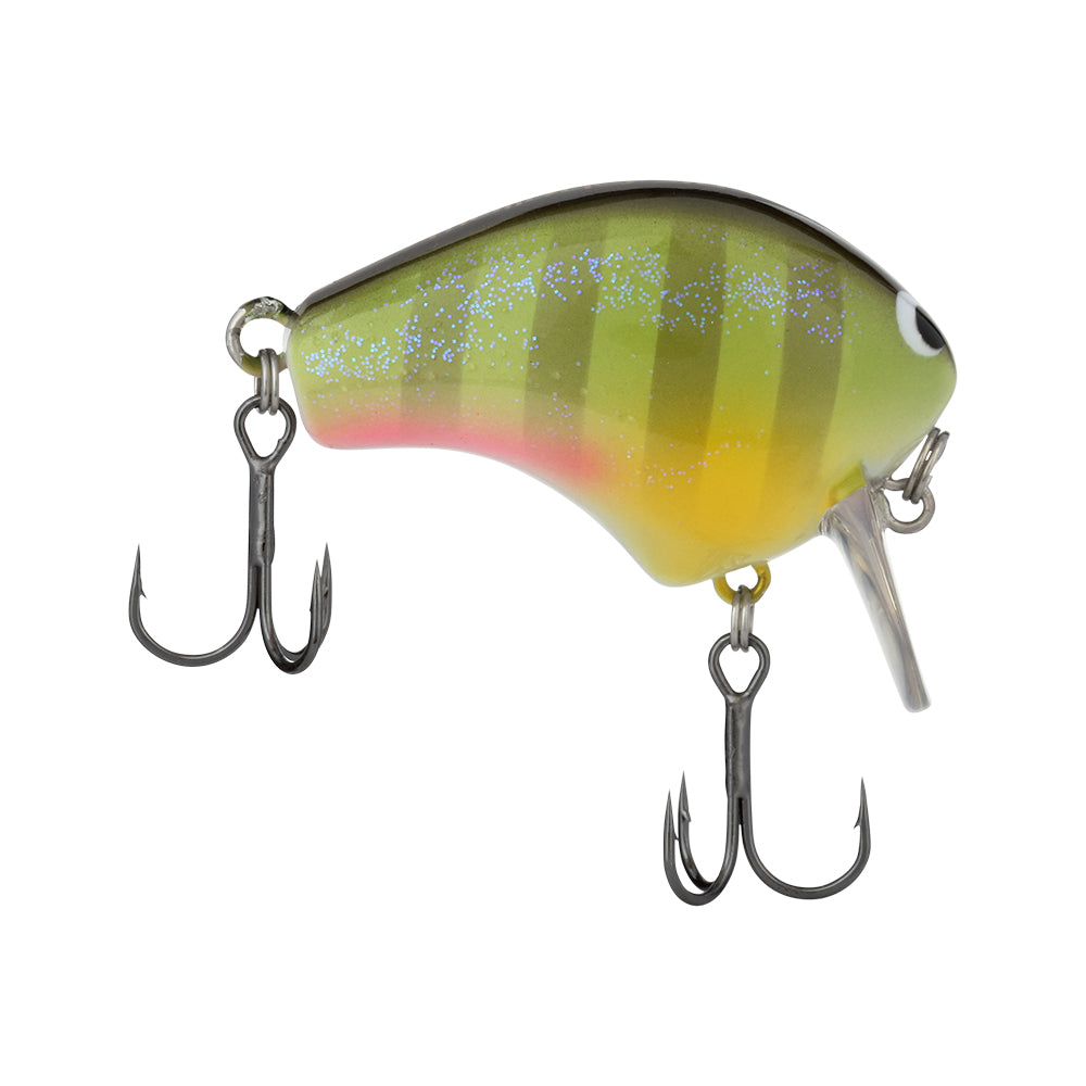 Discover the Shimano Macbeth Shallow 50F Wake Bait, a fishing lure with a vibrant multicolored body adorned with green and yellow stripes. It features a Hybrid Edge round bill lip and is equipped with two sharp treble hooks, positioned at the front and back.