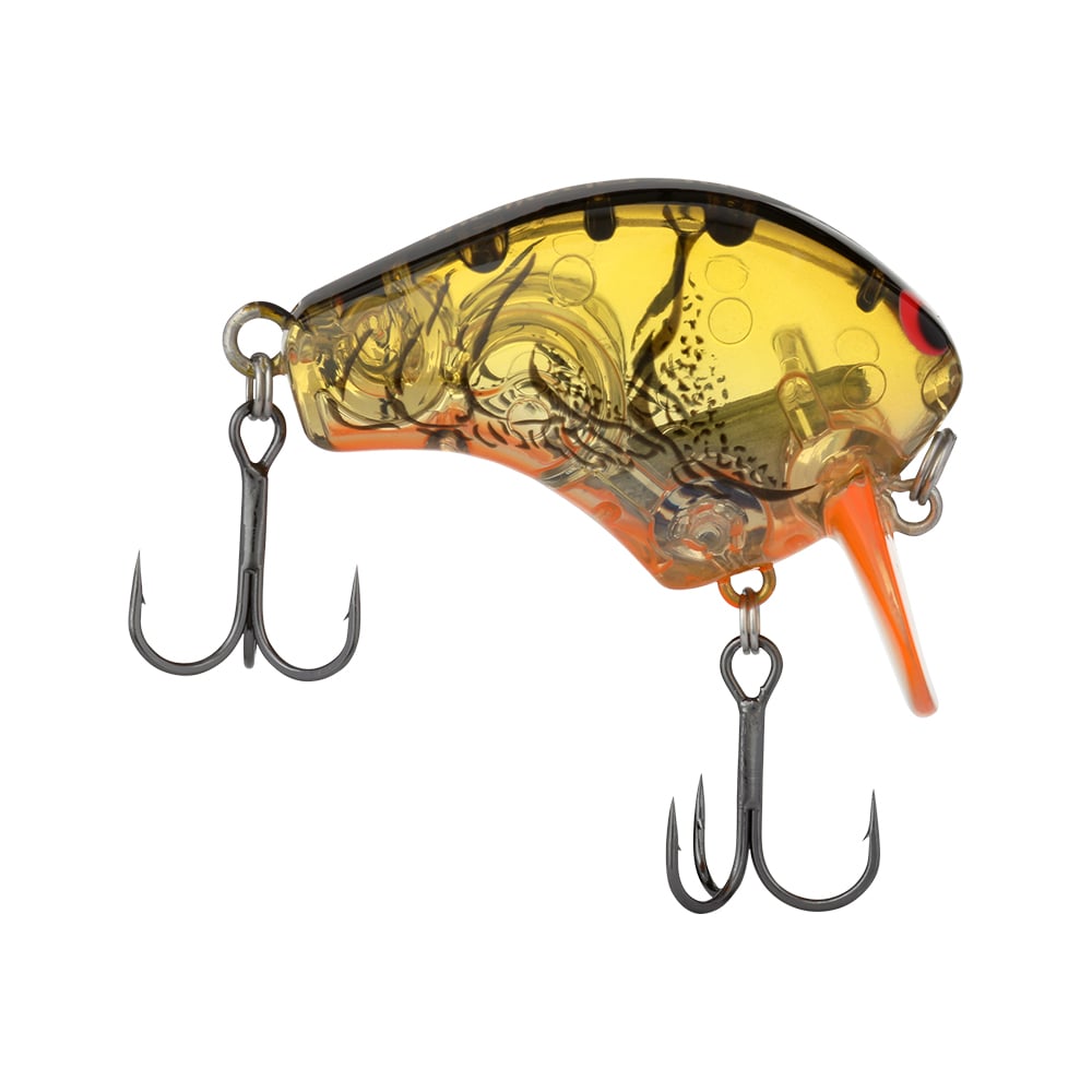 This Shimano Macbeth Shallow 50F Wake Bait boasts a vibrant, translucent orange and black design. Equipped with a Hybrid Edge round bill and two metal treble hooks, it features detailed internal craftsmanship for an appealing fishing adventure.