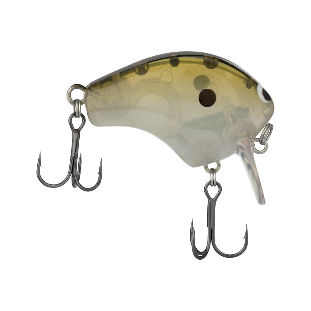 The Shimano Macbeth Shallow 50F Wake Bait, crafted by Shimano, is a transparent, fish-shaped crankbait equipped with two treble hooks. Its design includes an olive green top with a clear, curved body and a small black dot. This Hybrid Edge round bill lure is skillfully designed to mimic prey and attract larger catches.