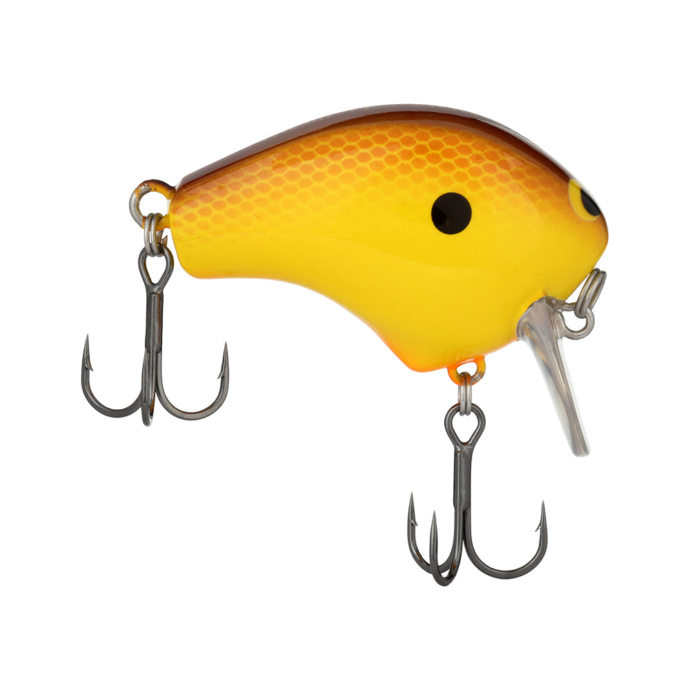 A Shimano Macbeth Shallow 50F Wake Bait by Shimano in yellow and brown features two treble hooks and a clear lip for diving. This lure boasts a fish-like shape with a dark gradient along the top and a black circular eye design.