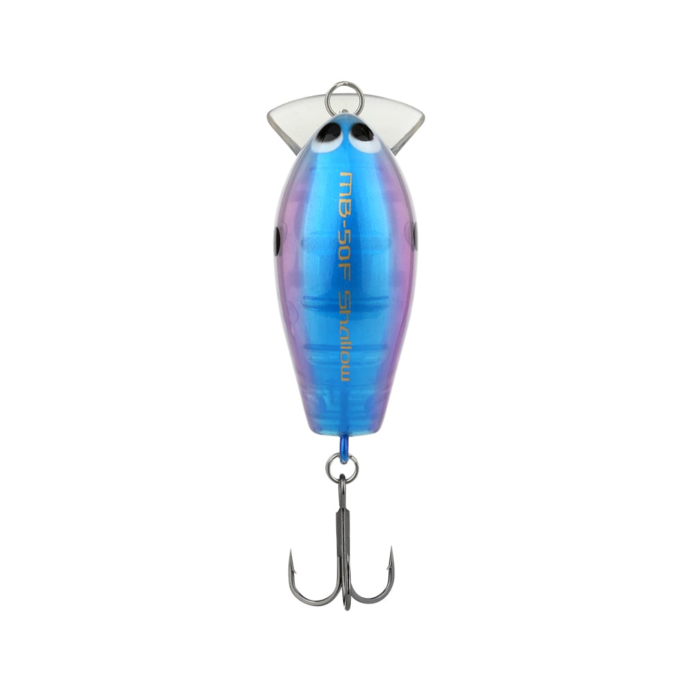 A vibrant fishing lure with a metallic blue and purple body, marked by two black eyes and labeled "MB-50F Swallow." Similar to the Shimano Macbeth Shallow 50F Wake Bait, this crankbait features a metal treble hook underneath and is equipped with a Hybrid Edge round bill to boost performance.