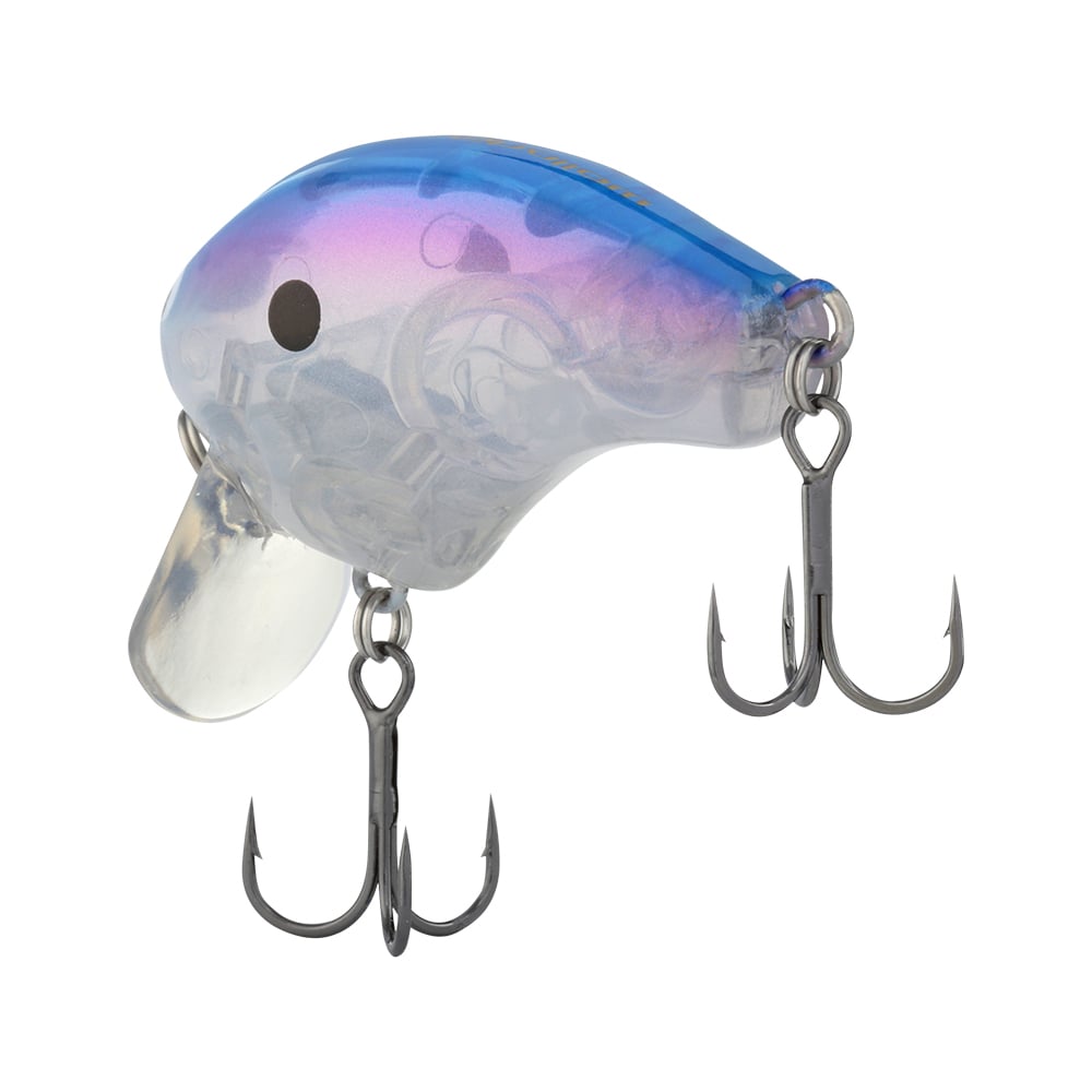 The Shimano Macbeth Shallow 50F Wake Bait is a crankbait designed in the shape of a small fish, featuring a matte blue top that fades into a translucent lower half. It includes two treble hooks underneath, a black dot near the front, and is equipped with a Hybrid Edge round bill for diving.