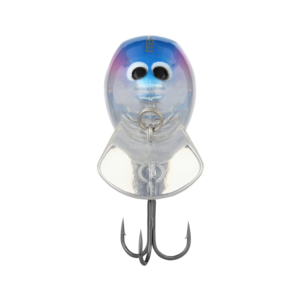 The Shimano Macbeth Shallow 50F Wake Bait boasts a blue, translucent design, complete with googly eyes and a metal treble hook, making it an ideal crankbait with its Hybrid Edge round bill.