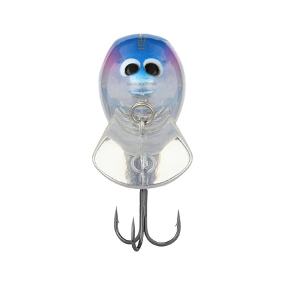 The Shimano Macbeth Shallow 50F Wake Bait boasts a blue, translucent design, complete with googly eyes and a metal treble hook, making it an ideal crankbait with its Hybrid Edge round bill.