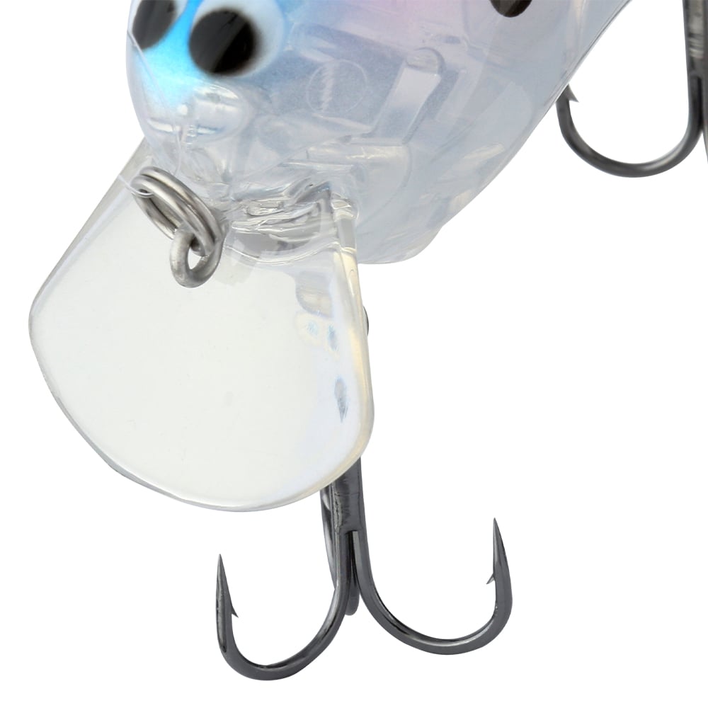 Close-up of a transparent crankbait featuring a treble hook and a diving lip. The body of the lure, similar to the Shimano Macbeth Shallow 50F Wake Bait, is adorned with black spots and a touch of iridescent blue near the top.