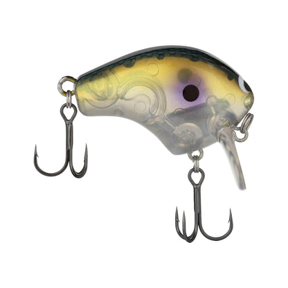 An intricate image of the Shimano Macbeth Shallow 50F Wake Bait, designed in the form of a small fish with a translucent body exhibiting greenish-yellow and purple shades. It features two sharp treble hooks and a small reflective spot near the top, highlighting its crankbait design with a Hybrid Edge round bill.