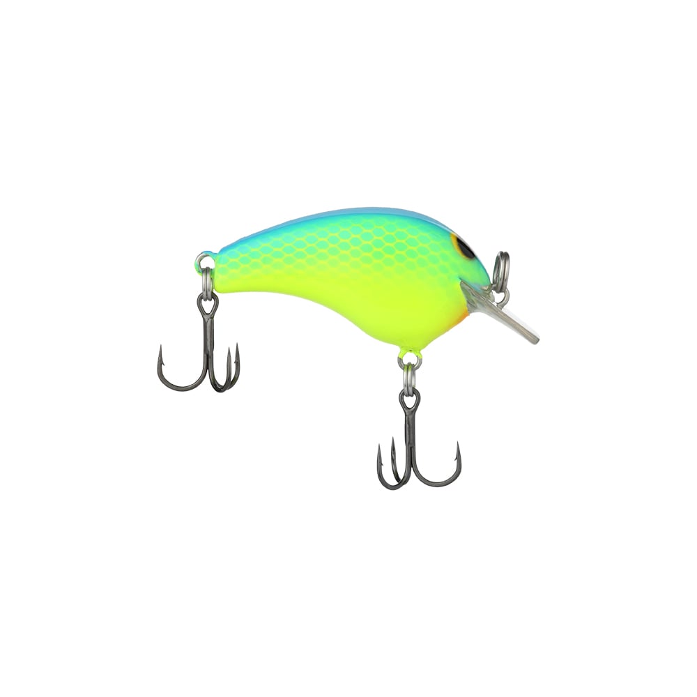 The Shimano Macbeth Tiny Crankbait, a colorful lure from Shimano, is equipped with two treble hooks and displays a gradient that transitions from green to yellow to blue. The upper half is adorned with a scale pattern. Additionally, it has a small transparent diving lip at the front.