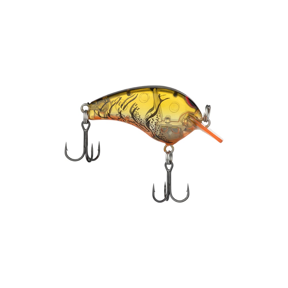 The Shimano Macbeth Tiny Crankbait, designed in amber with black patterns and an orange tip, features two treble hooks and is beautifully set against a white background.