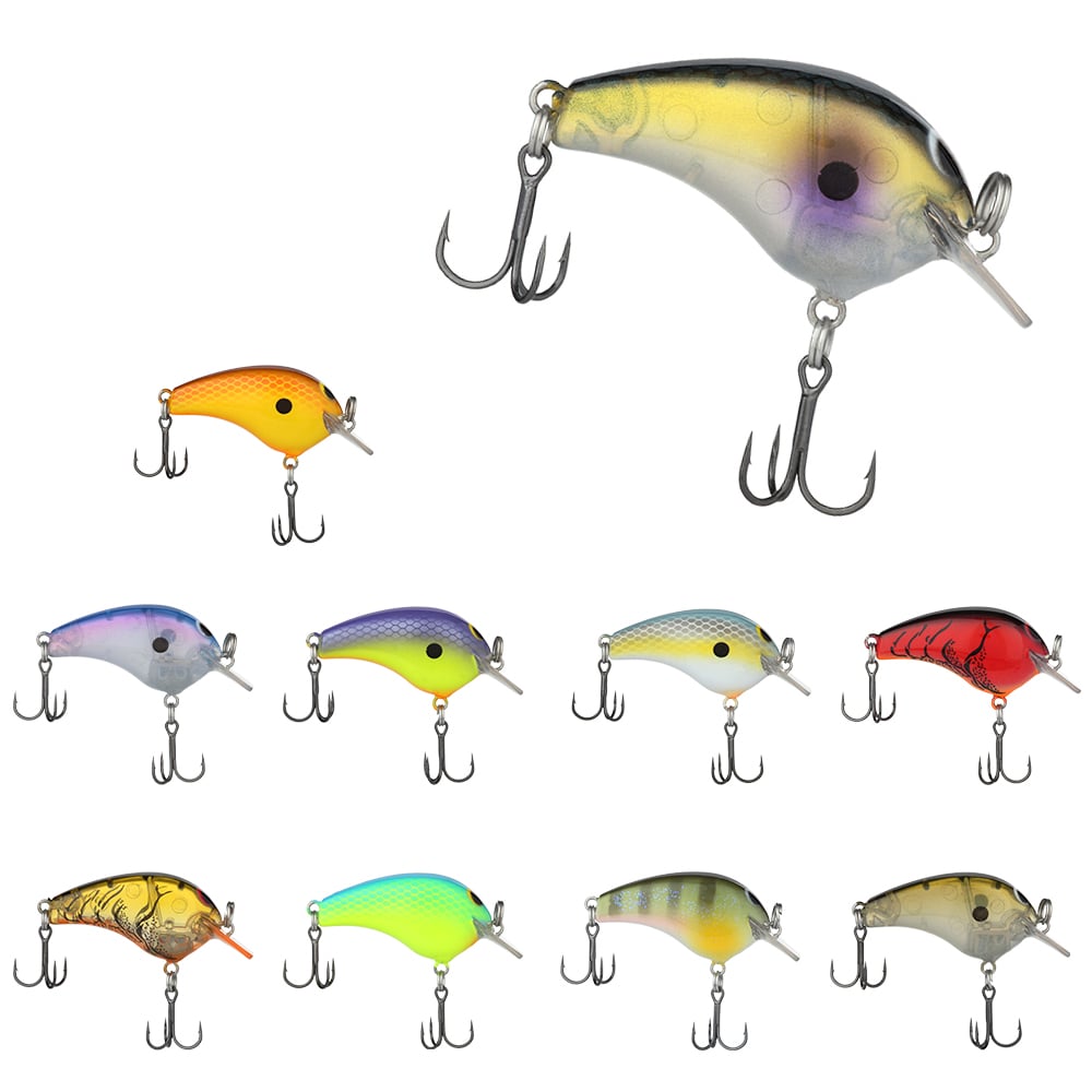 The image features ten vibrant Shimano Macbeth Tiny Crankbaits, each fitted with treble hooks. These crankbaits display a spectrum of colors ranging from yellow to blue, embellished with stripes and spots. Set against a white background, they perfectly represent the sophistication of a Hybrid Edge Square Bill design.