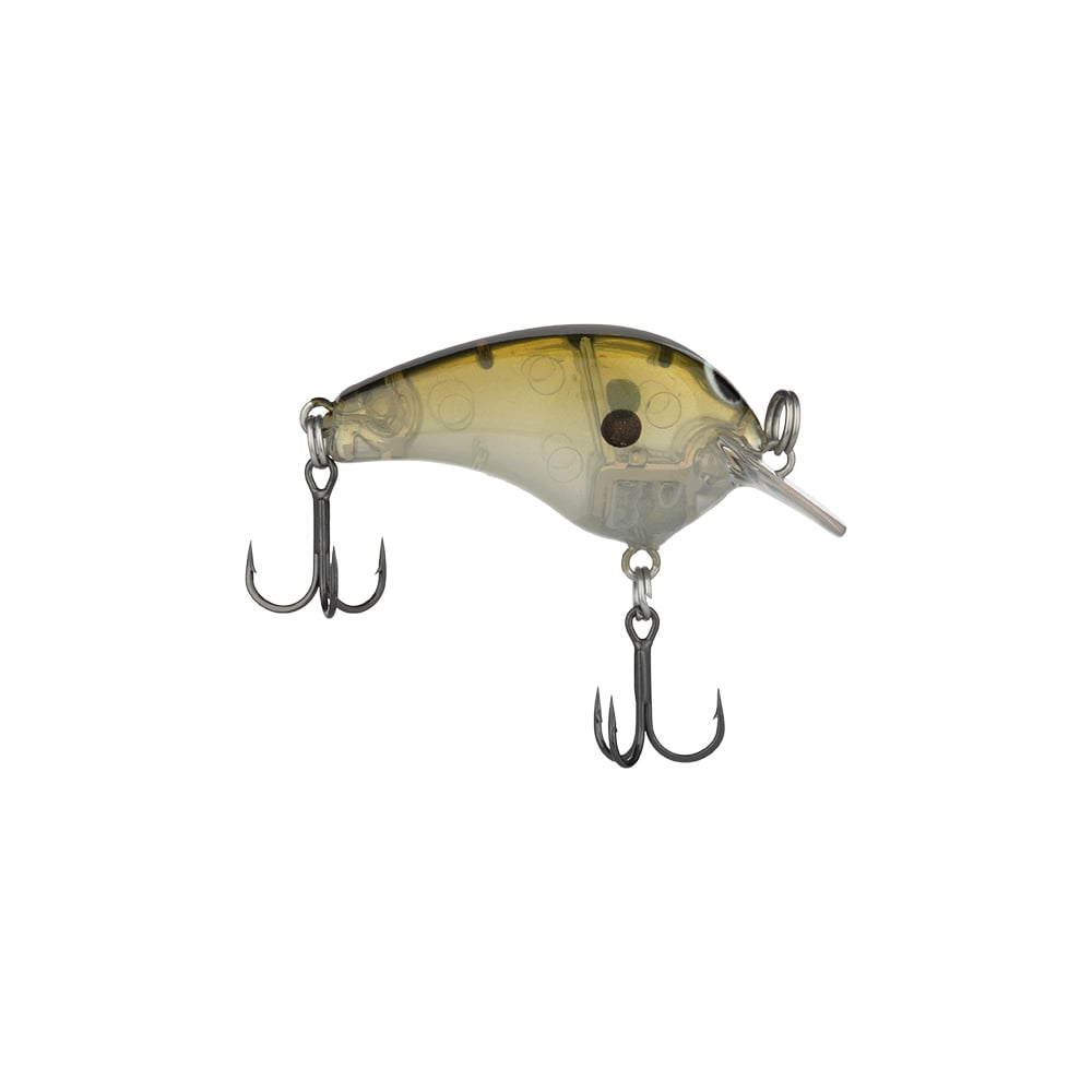 The Shimano Macbeth Tiny Crankbait by Shimano is a finesse fishing lure with a transparent design, highlighted by a yellowish tint and circular patterns, complete with black eyes. It features two treble hooks—one positioned at the tail and another underneath—and includes a clear plastic lip at the front, making it ideal for subtle presentations.