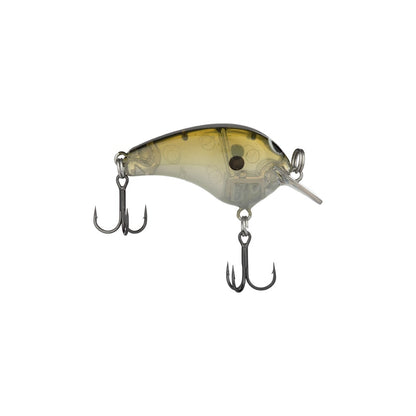 The Shimano Macbeth Tiny Crankbait by Shimano is a finesse fishing lure with a transparent design, highlighted by a yellowish tint and circular patterns, complete with black eyes. It features two treble hooks—one positioned at the tail and another underneath—and includes a clear plastic lip at the front, making it ideal for subtle presentations.