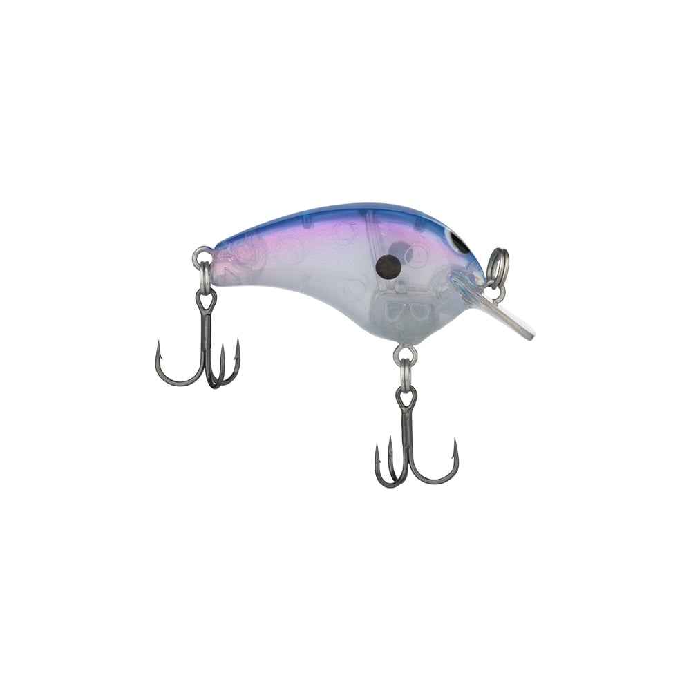 A Shimano Macbeth Tiny Crankbait from Shimano, showcasing a blue and purple gradient body with two treble hooks. This finesse crankbait features a curved shape and a small metal lip at the front, ideal for subtle presentations.