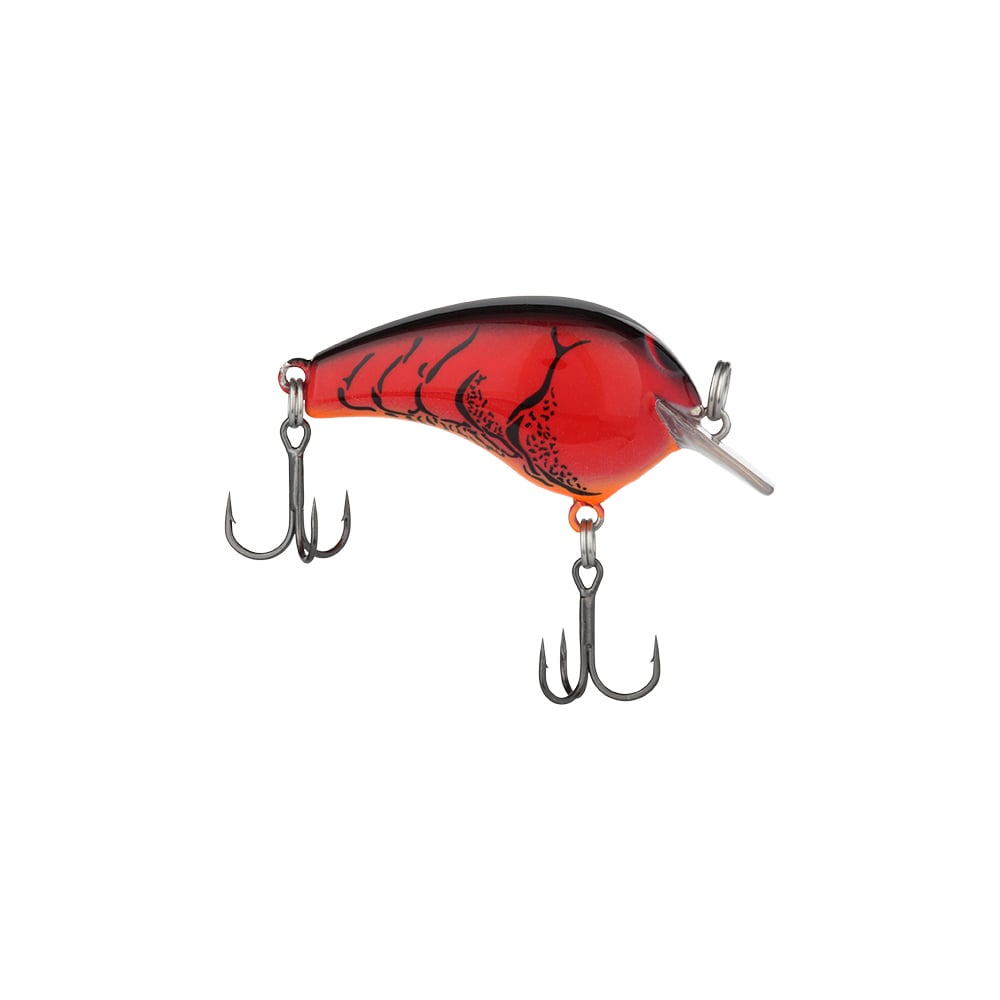 The Shimano Macbeth Tiny Crankbait, in a red and black color scheme, is equipped with two treble hooks located at the front and back. It boasts a glossy finish and features a small transparent bill at its nose, providing anglers with precise control for a tactical advantage.