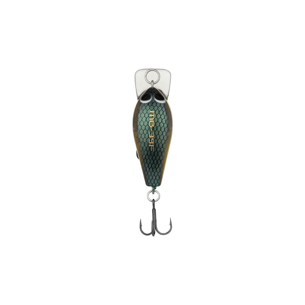 Presenting the Shimano Macbeth Tiny Crankbait from Shimano—the ultimate fishing lure featuring a green and black scale pattern. It includes a sturdy metal ring at the top and a three-pronged hook at the bottom. The plastic lip is designed to assist with diving, while detailed text engraved on its side adds an extra touch of elegance.